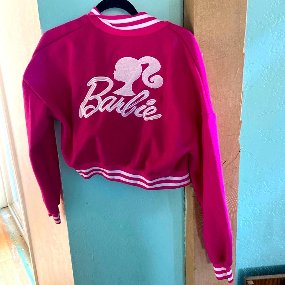 Barbie pink varsity crop jacket (size: S)